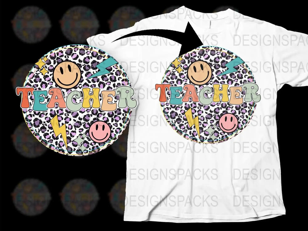 Teacher Appreciation T-Shirt, Cute Smiley Face, Graphic Tee, Colorful Leopard Print, Unisex Design