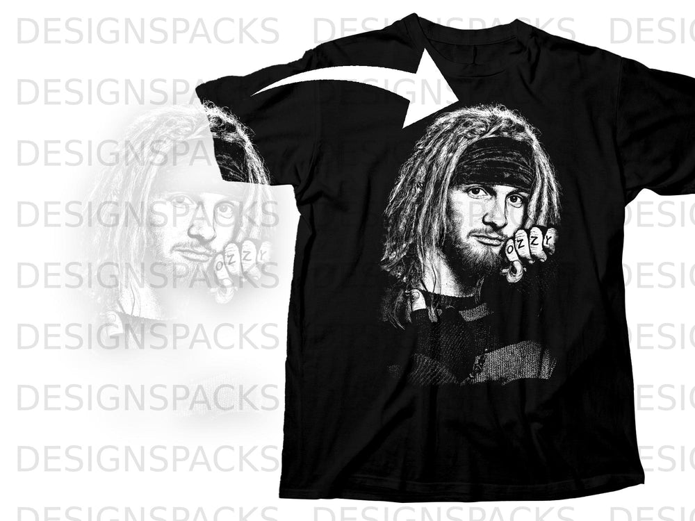 Black t-shirt with a sketch of Ozzy Osbourne and "OZZY" tattooed on his fingers.