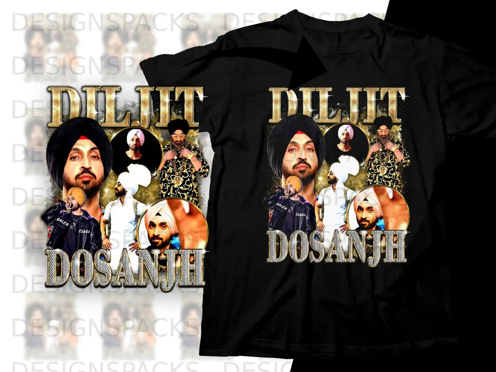 Black t-shirt featuring Diljit Dosanjh with gold accents and "Balenciaga" text.