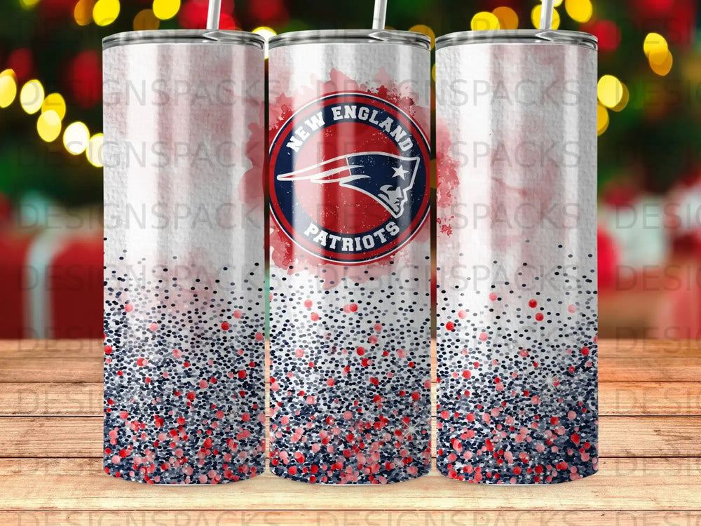 New England Patriots logo and glitter design on a tumbler, repeated three times.
