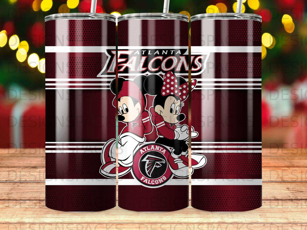 Atlanta Falcons Mickey and Minnie Mouse tumblers with team logo.