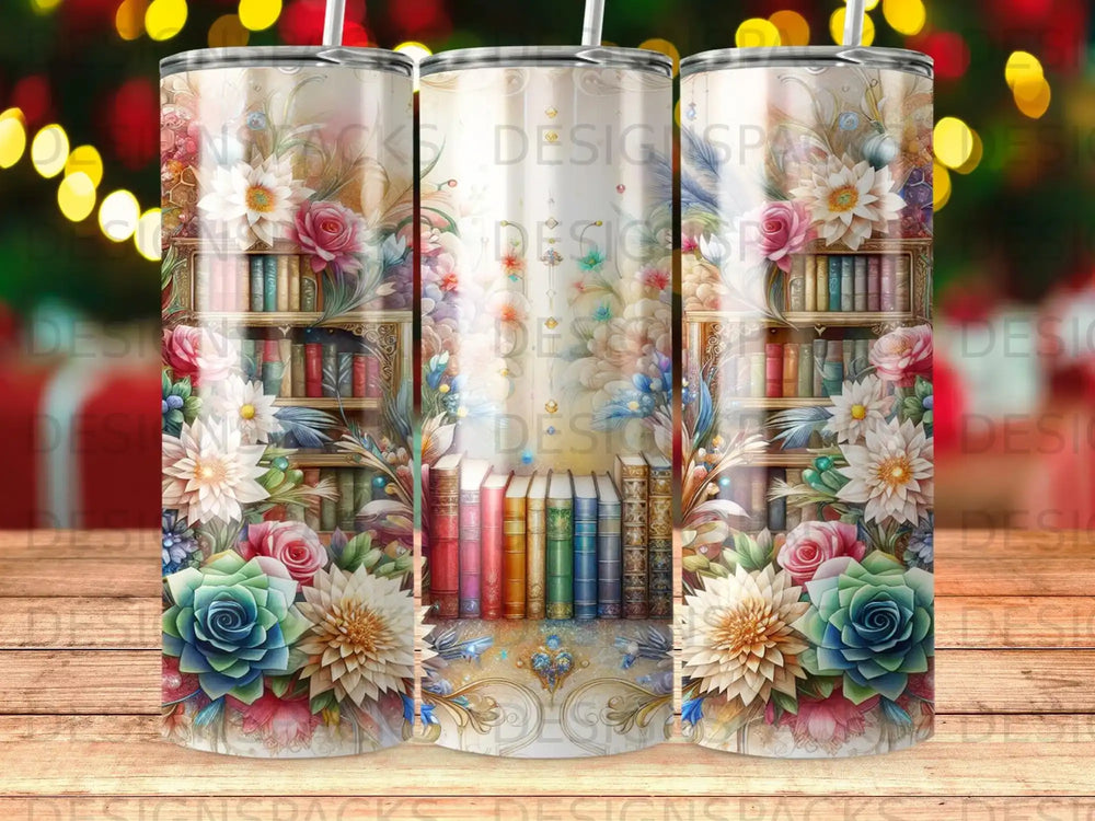 Floral bookshelf design on a tumbler with colorful books and succulents.