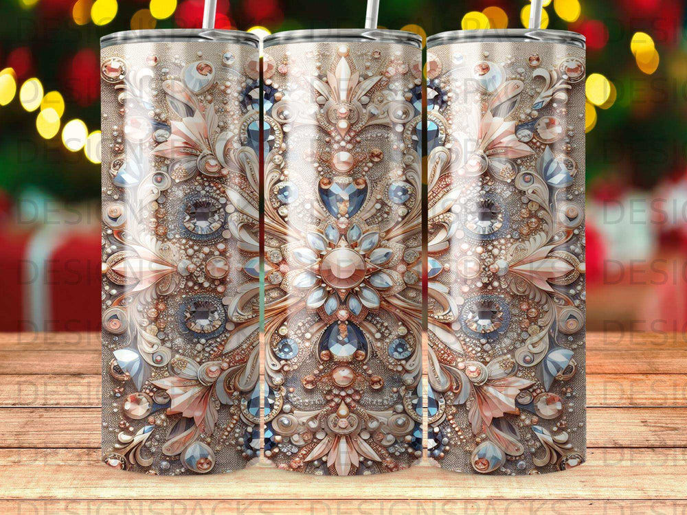 Tumbler with ornate, jewel-encrusted floral pattern.