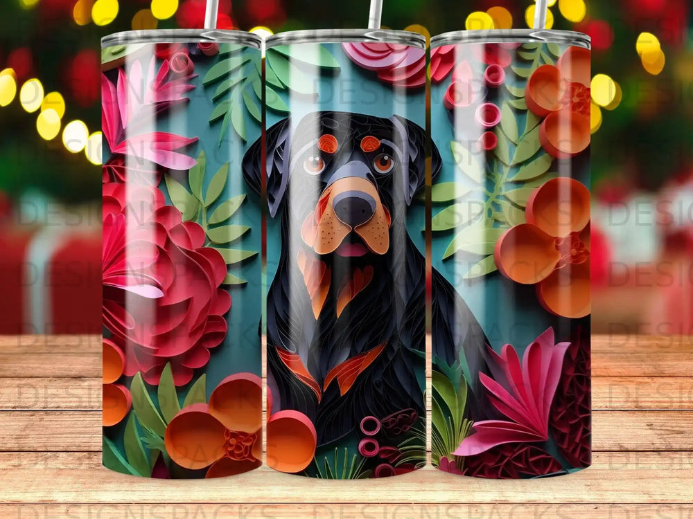 Rottweiler dog surrounded by colorful floral elements on a tumbler.