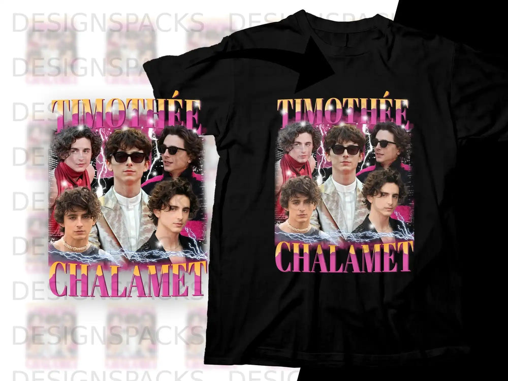 T-shirt featuring a collage of Timothée Chalamet photos with his name.