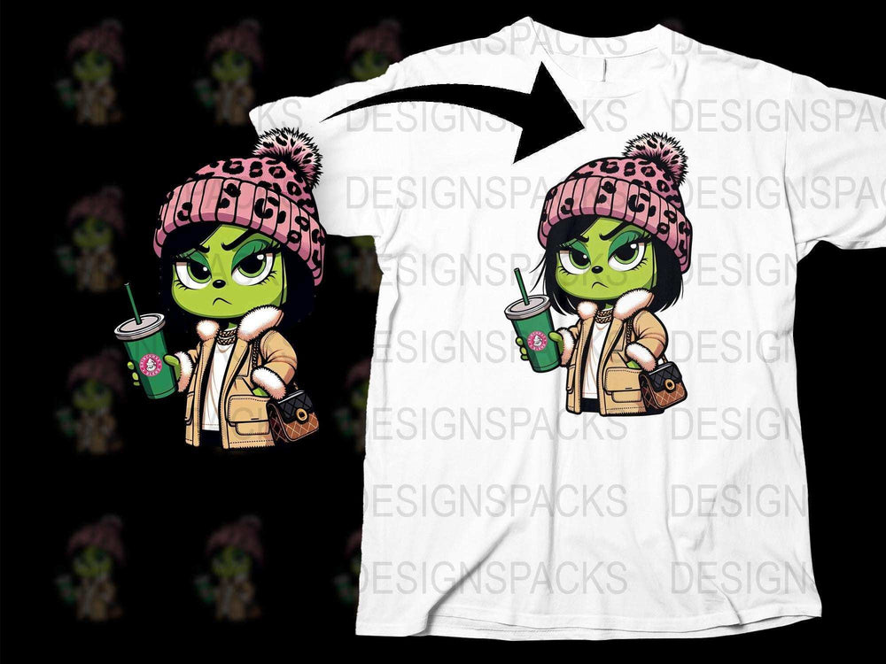 Trendy Green Monster Graphic T-Shirt, Cute Cartoon Character, Pink Beanie Design, Unisex Casual Wear