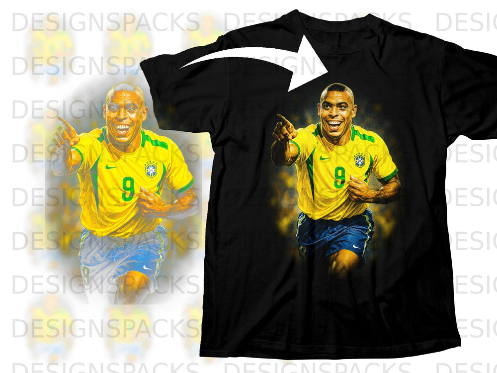 Black t-shirt with a graphic of a smiling soccer player in a yellow jersey and blue shorts.
