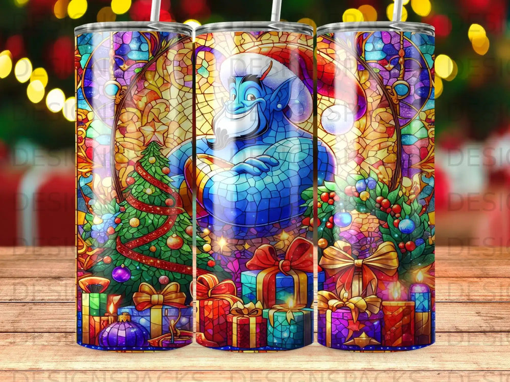 Stained glass genie in Santa hat with Christmas tree and gifts.