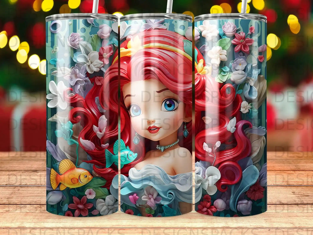 Mermaid with red hair surrounded by colorful flowers and a fish.