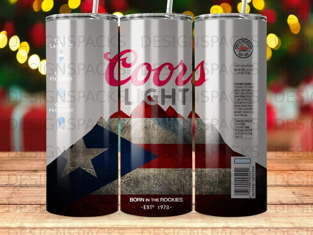 Coors Light can with Puerto Rican flag design, "Born in the Rockies" text.