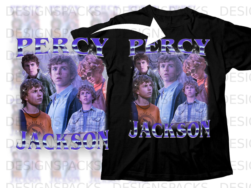 Black t-shirt with "PERCY JACKSON" text and montage of the character.