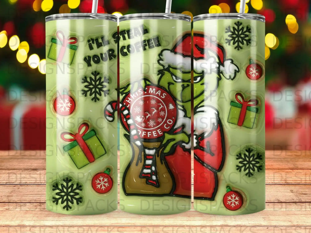 The Grinch holding a sack, with "I'll Steal Your Coffee" and "Christmas Coffee Co." text.