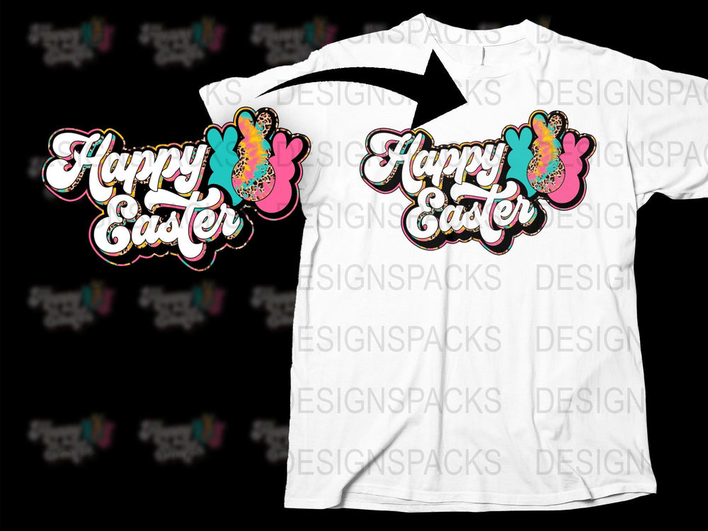 Happy Easter T-Shirt with Colorful Bunny Design, Spring Holiday Short Sleeve Tee for Adults and Children