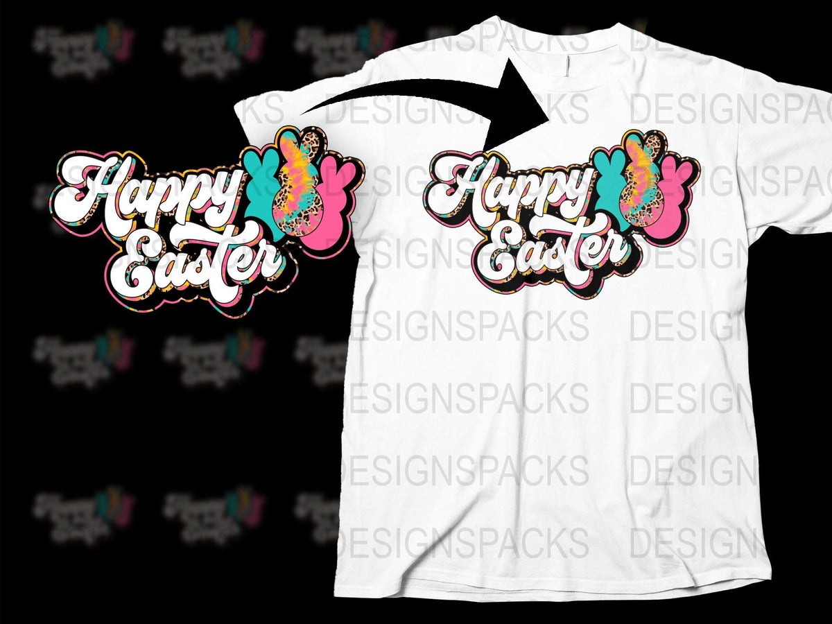 Happy Easter T-Shirt with Colorful Bunny Design, Spring Holiday Short Sleeve Tee for Adults and Children