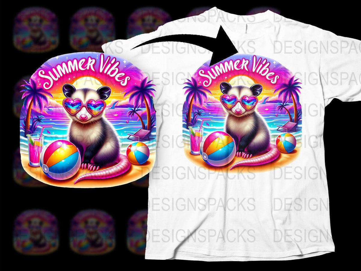 Summer Vibes T-Shirt, Tropical Sunset, Cute Lemur with Sunglasses, Beach Ball, Vibrant Colors, Unisex Graphic Tee
