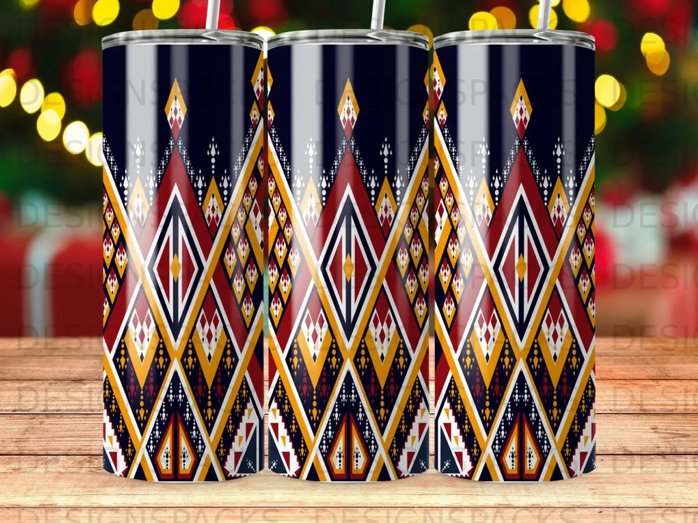 Dark blue tumbler with a geometric pattern of red, yellow, and white diamonds.