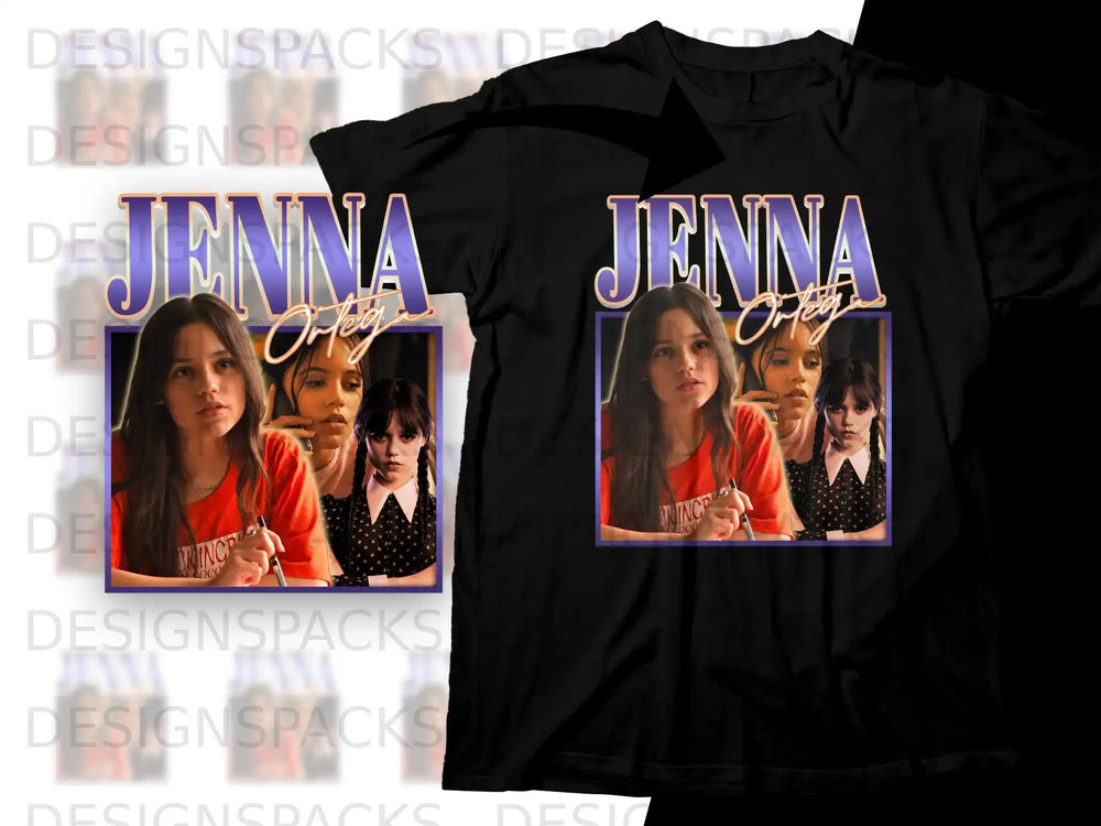 Black t-shirt with "Jenna Ortega" and her image.