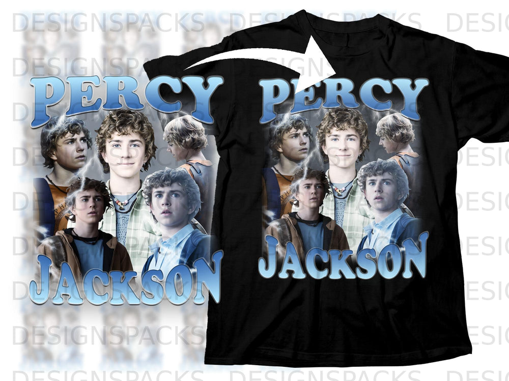 Black t-shirt featuring "PERCY JACKSON" with images of the character.