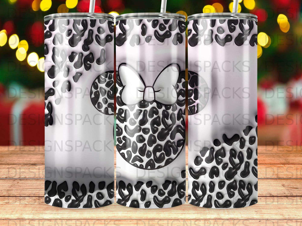 Leopard print Minnie Mouse ears pattern on three tumblers.
