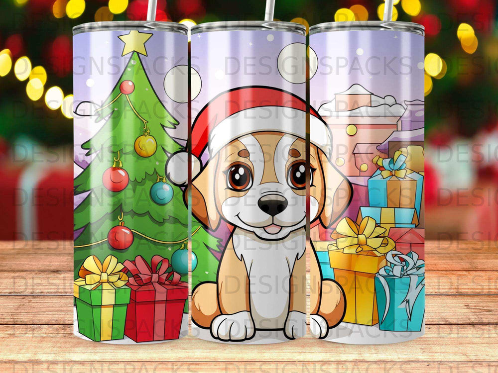 Dog in Santa hat with Christmas tree and presents, on a tumbler.