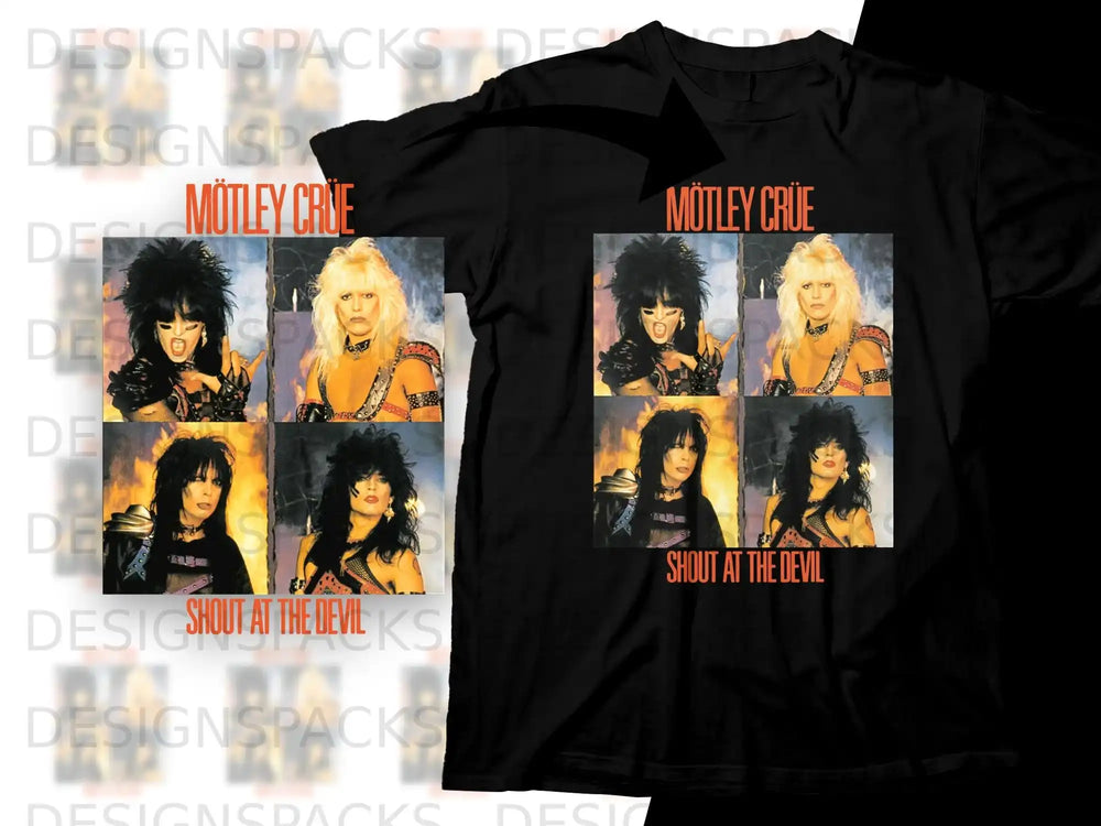 Motley Crue Shout at the Devil album cover collage on black t-shirt.