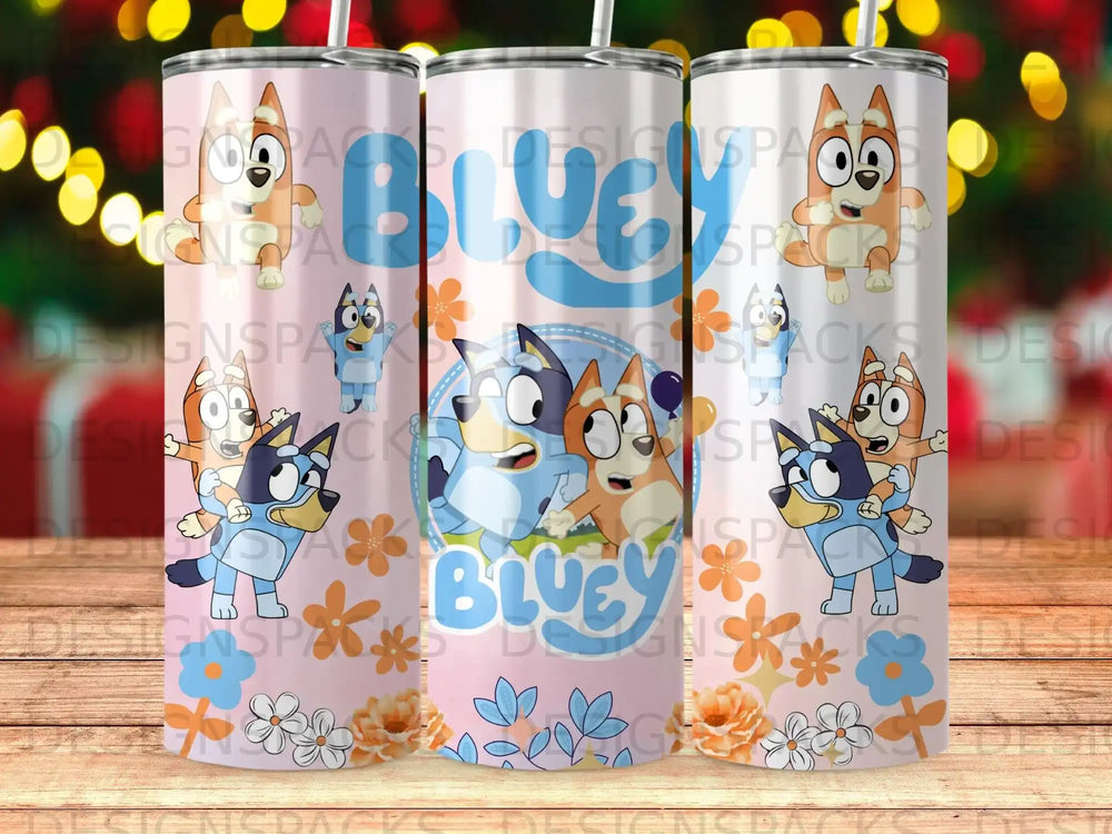 Bluey and Bingo characters on pink tumbler with flowers and Bluey logo.