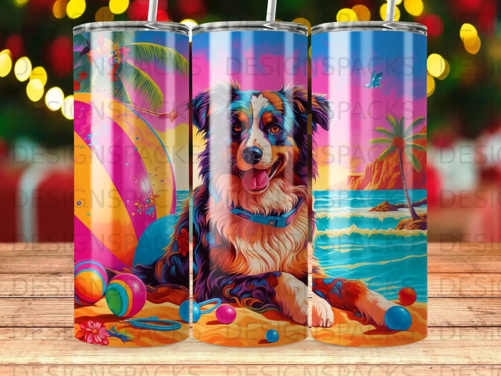 Dog on beach with toys, colorful illustration on tumbler.