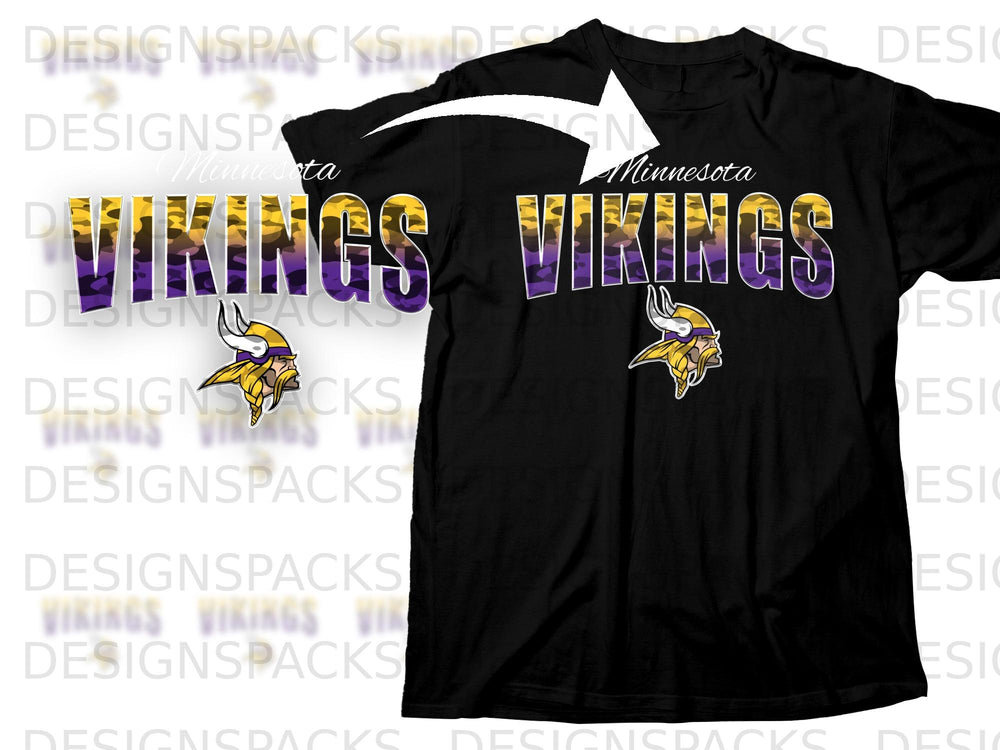 Black t-shirt with "Minnesota Vikings" text and team logo.