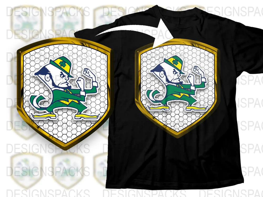 Notre Dame Fighting Irish Mascot Graphic T-Shirt, College Football Hexagon Design, Sports Fan Apparel, Unisex Black Tee