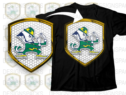 Notre Dame Fighting Irish Mascot Graphic T-Shirt, College Football Hexagon Design, Sports Fan Apparel, Unisex Black Tee