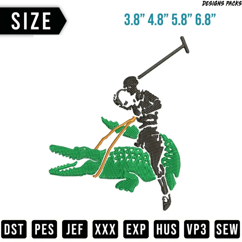 Embroidery design: Polo player riding a green alligator.