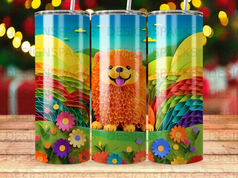 Fluffy cartoon lion and colorful flowers on a striped background.