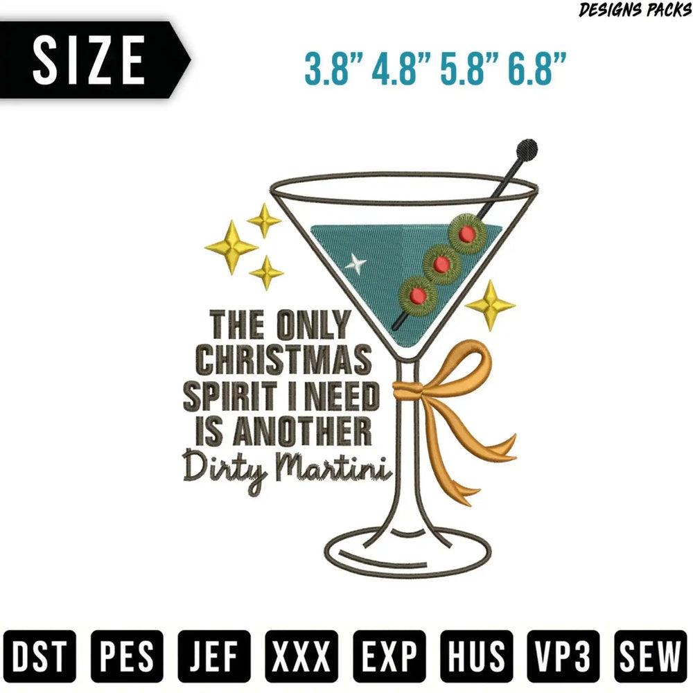 Martini glass with "Dirty Martini" text and Christmas decorations.
