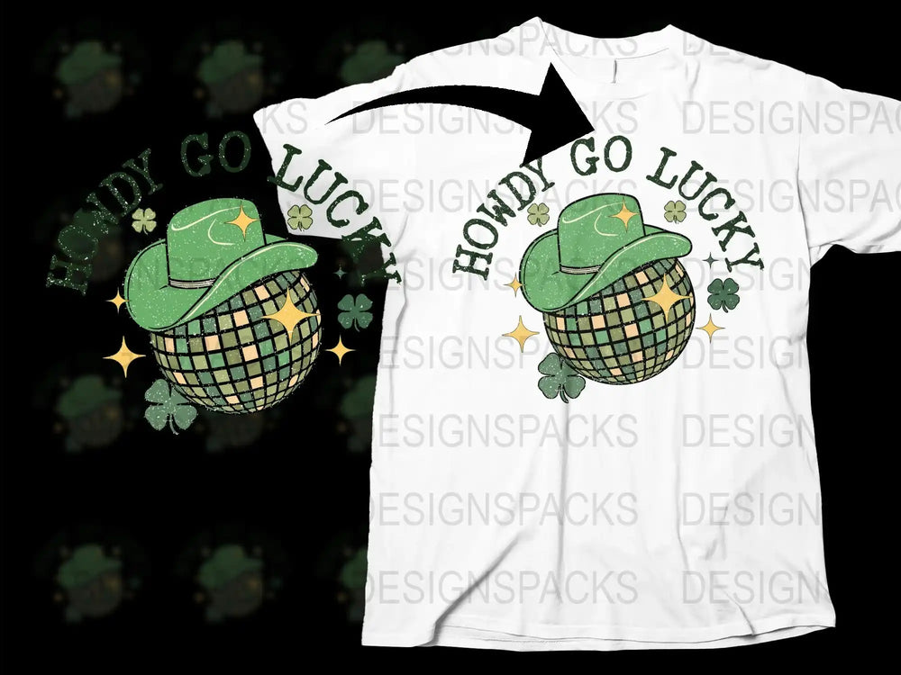 St. Patrick's Day T-Shirt, Howdy Go Lucky, Cowboy Hat, Green Clover Design, Festive Holiday Apparel, Unisex Cotton Tee