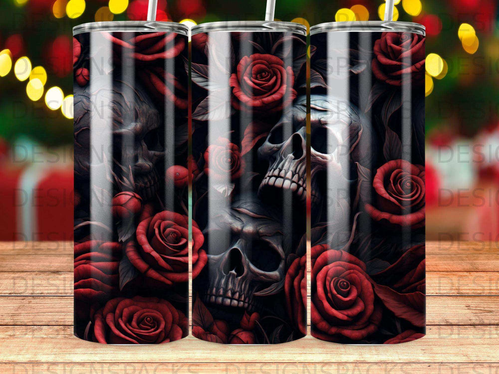 Skulls and dark red roses on a tumbler.