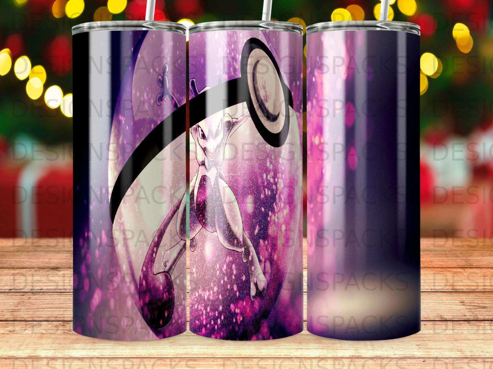 Three purple and pink gradient tumblers with a Mewtwo Pokemon design.