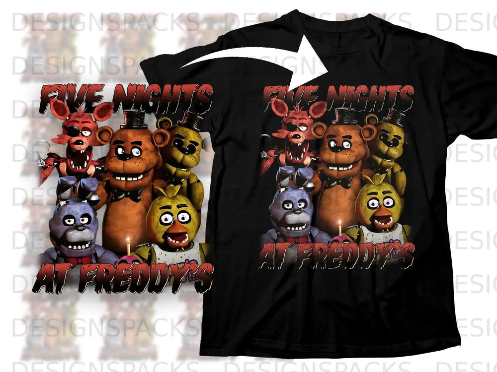 Five Nights at Freddy's t-shirt featuring characters Bonnie, Chica, Freddy, and Foxy.