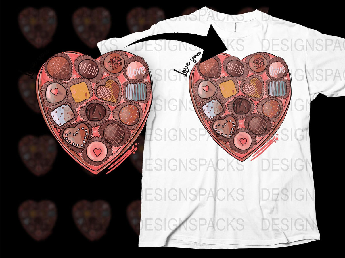 Heart-Shaped Chocolate Box Design T-Shirt, Love Sweet Candy Graphic Tee, Valentine's Day Gift