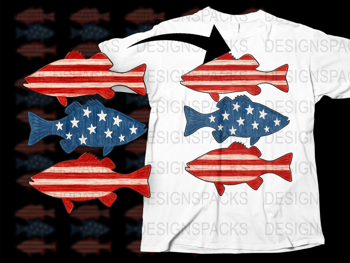 American Flag Fish Design T-Shirt, Patriotic Red White Blue Fishing Tee, Unique USA Themed Apparel for Anglers and Fishing Enthusiasts