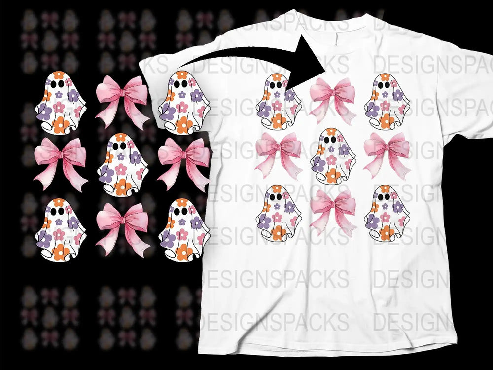 Cute Ghost T-Shirt Pink Bows Halloween Tee Spooky Graphic Print Kids Adults Casual Wear