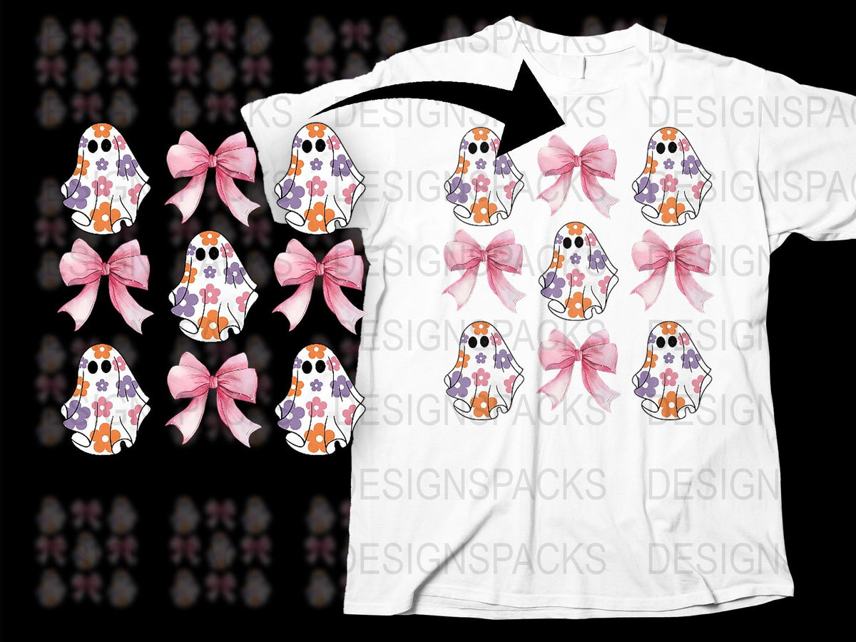 Cute Ghost T-Shirt Pink Bows Halloween Tee Spooky Graphic Print Kids Adults Casual Wear