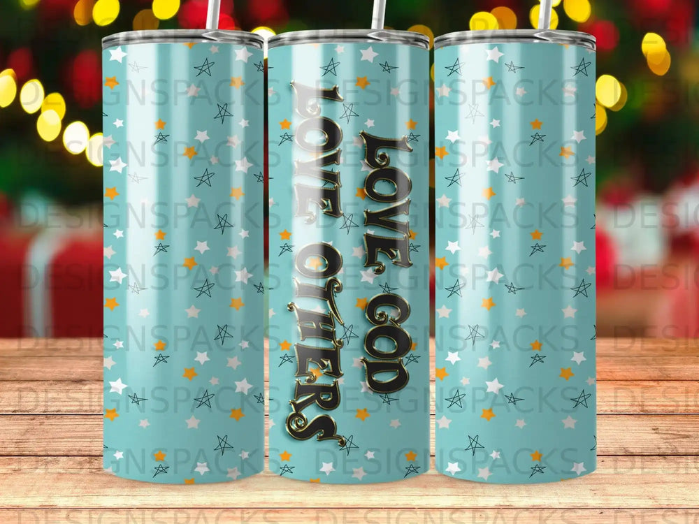 Blue tumbler with stars and "Love God, Love Others" text.