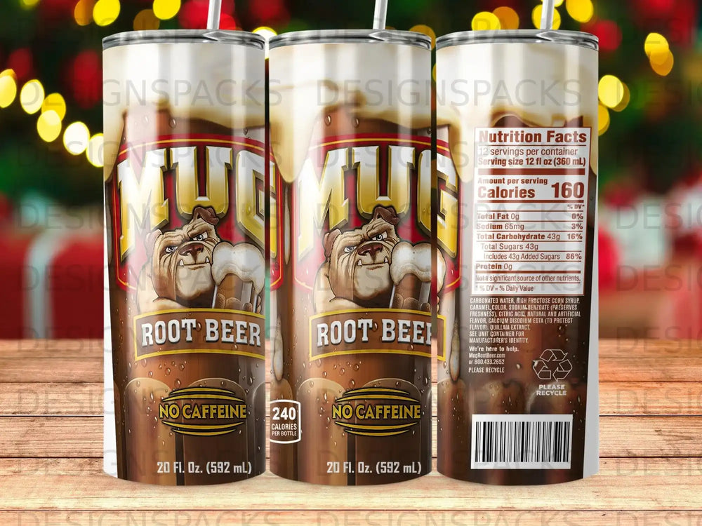 Mug Root Beer cans with nutrition facts and "No Caffeine" labels.