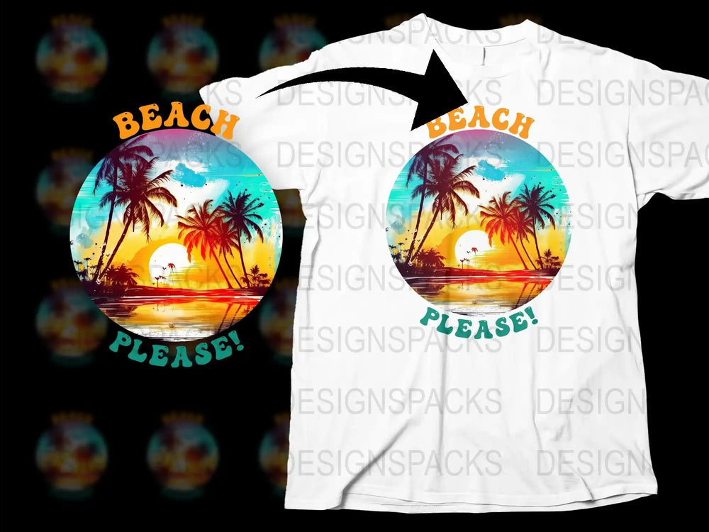 Beach Please T-Shirt, Tropical Sunset Palm Tree Graphic Tee, Unisex Summer Fashion Top