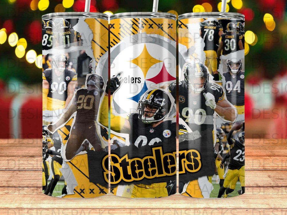 Collage of Pittsburgh Steelers players with team logo and numbers.
