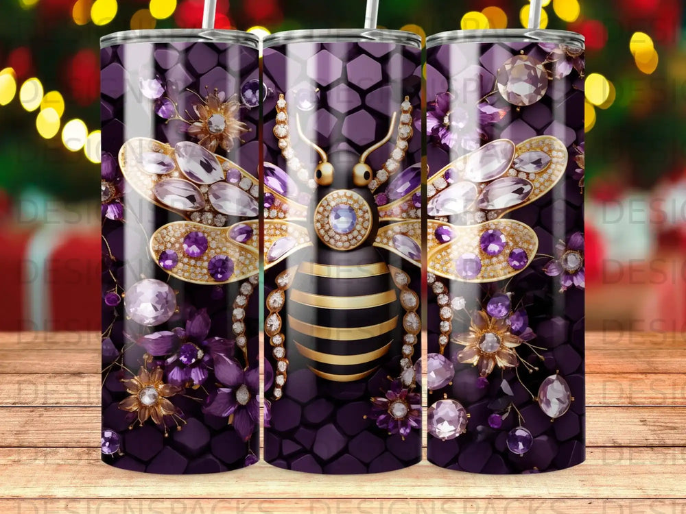Glittering bumblebee with jeweled wings on honeycomb pattern, surrounded by purple flowers.