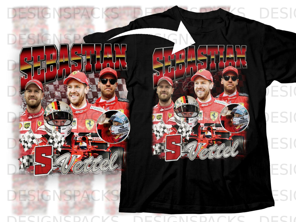 Sebastian Vettel collage with racing cars, checkered flags, and large "5" graphic.