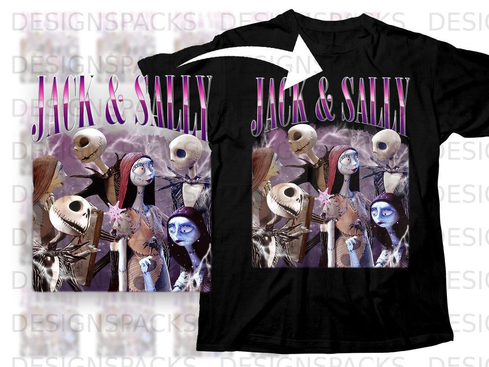 Jack Skellington and Sally characters with lightning, "Jack & Sally" text on black t-shirt.