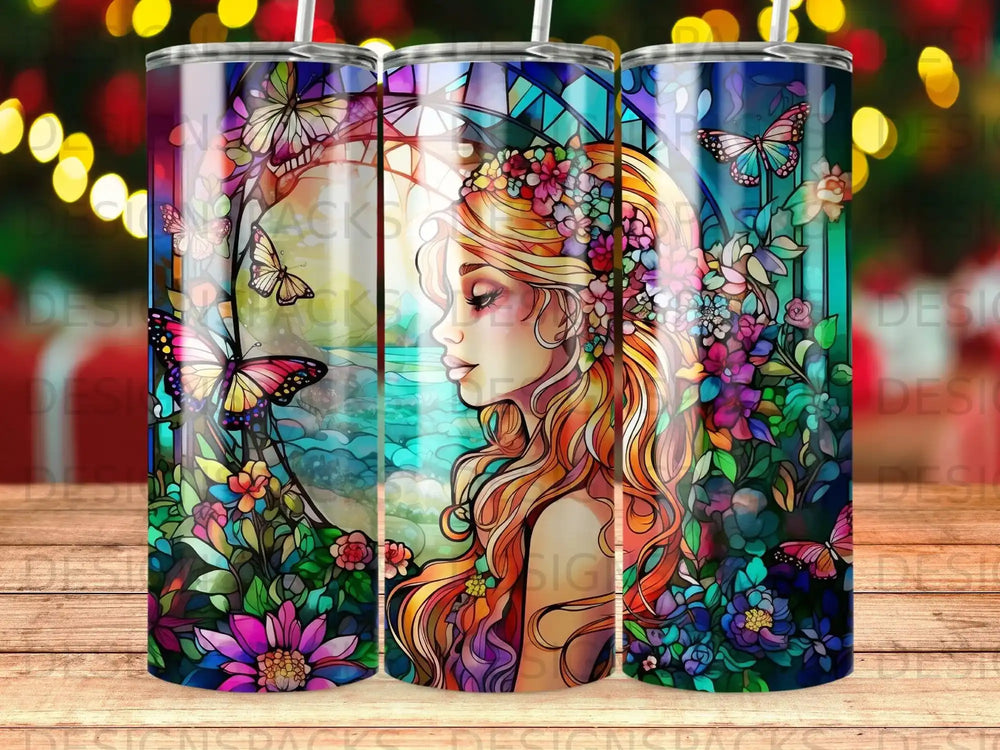Stained glass style woman with colorful flowers and butterflies.