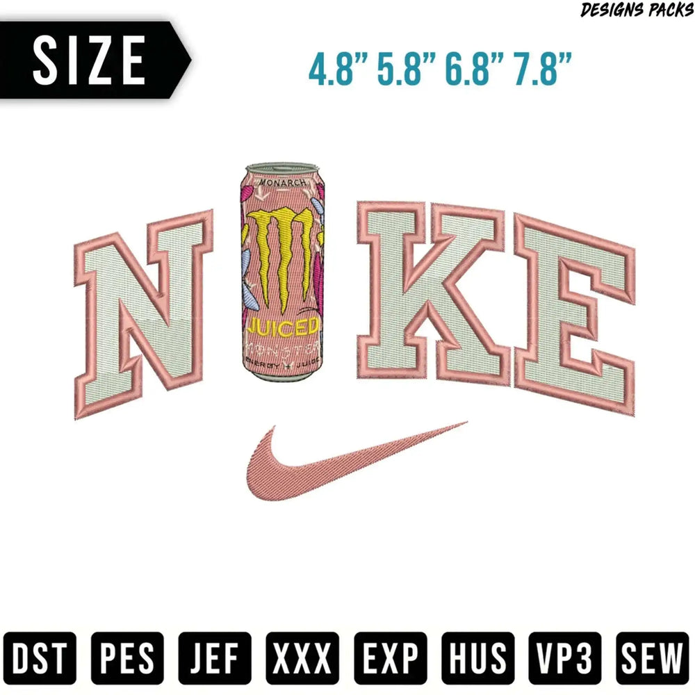 Nike logo with Monarch Juiced Energy Drink can, sizes listed above.